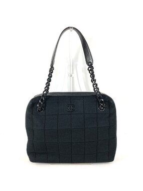 Chanel Shoulder Bag CC Logo Choco Bar Cotton Black